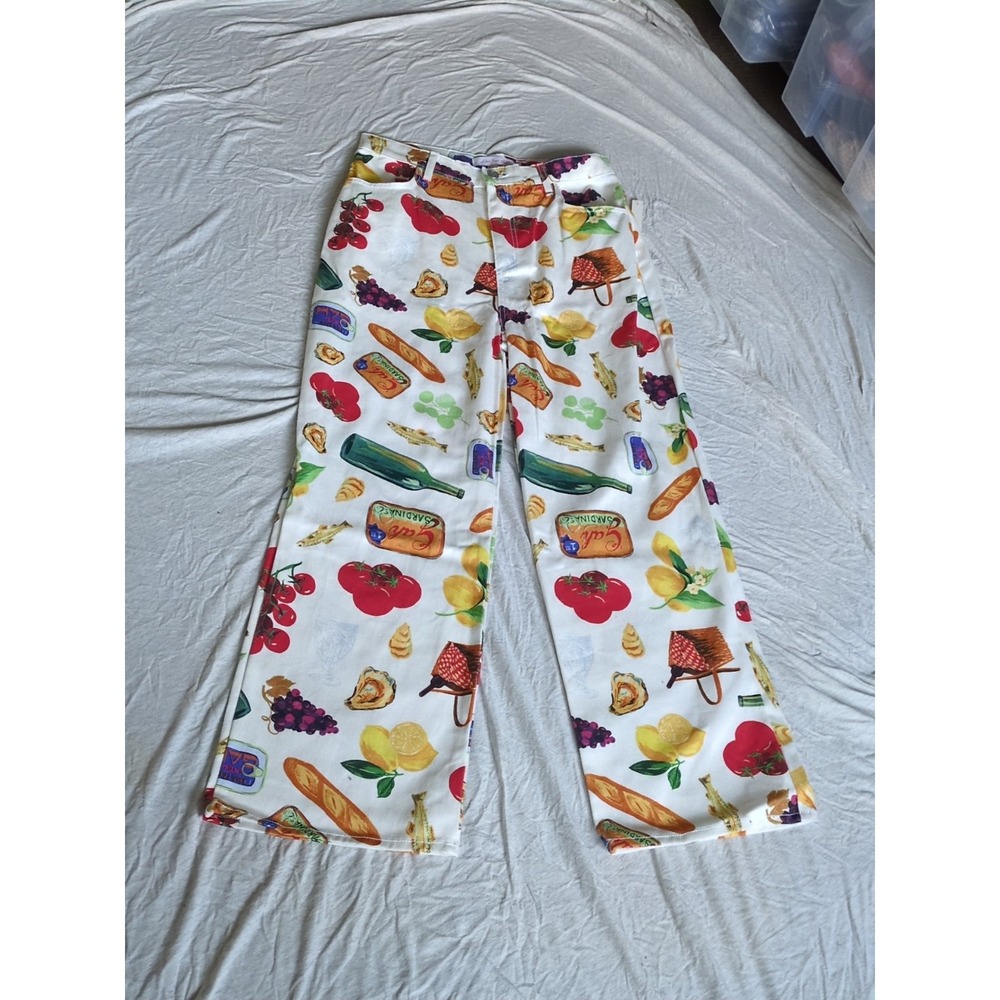 Lisa Says Gah White Straight-Leg Jeans with Multicolor Food Print